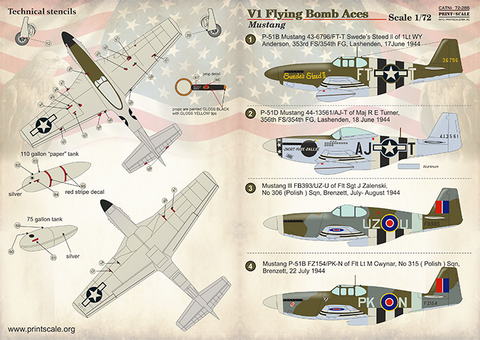 Print Scale 72-286 1/72 V-1 Flying Bomb Aces - P-51 Mustang