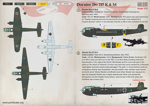 Print Scale 72-329 1/72 Dornier Do-217 K&M In the complete set 1,5 sheets
