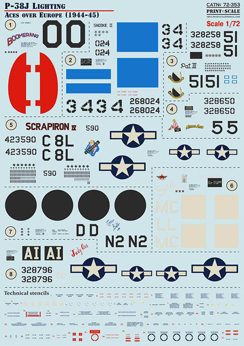 Print Scale 72-353 1/72 P-38J Lightning Aces over Europe 1944-1945 72-353 Scale 1/72