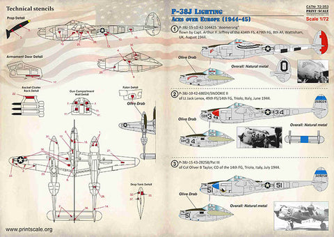 Print Scale 72-353 1/72 P-38J Lightning Aces over Europe 1944-1945 72-353 Scale 1/72