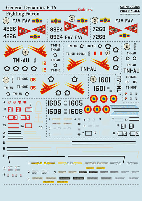 Print Scale 72-364 1/72 F-16 Fighting Falcon. Venezuela, Indonesia, Romania