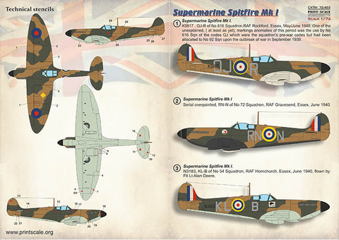 Print Scale 72-403 1/72 Supermarine Spitfire Mk.I 72-403 Scale 1/72