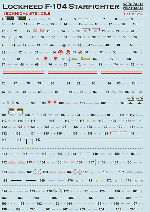 Print Scale 72-414 1/72 Lockheed F-104 Starfigter technical stencils. The complete set 2 leaf