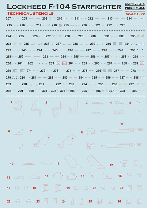 Print Scale 72-414 1/72 Lockheed F-104 Starfigter technical stencils. The complete set 2 leaf