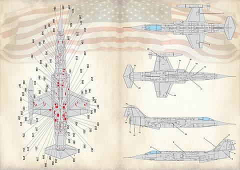 Print Scale 72-414 1/72 Lockheed F-104 Starfigter technical stencils. The complete set 2 leaf