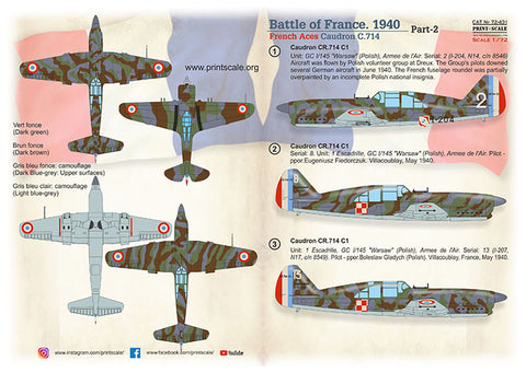 Print Scale 72-431 1/72 Battle of France. 1940. French aces Caudron C.714