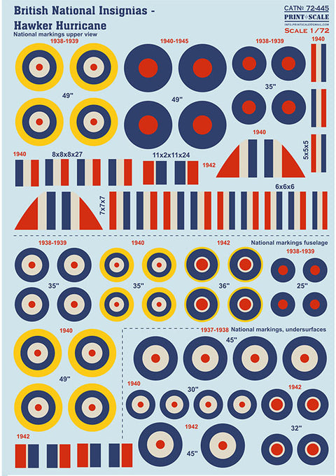 Print Scale 72-445 1/72 British National Insignia. Hawker Hurricane The complete set 1,5 leaf