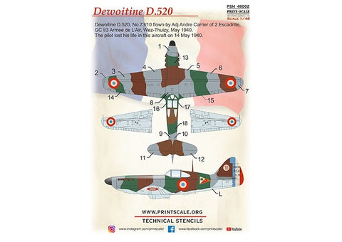 Print Scale PSM48002 1/48 Dewoitine D.520 Mask & Decals + 3D Panel PSM48002 Scale 1/48
