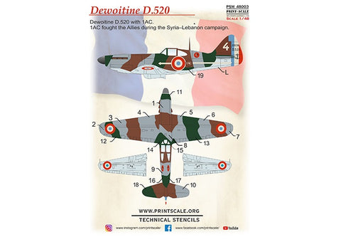 Print Scale PSM48003 1/48 Dewoitine D.520 Mask & Decals + 3D Panel PSM48003 Scale 1/48