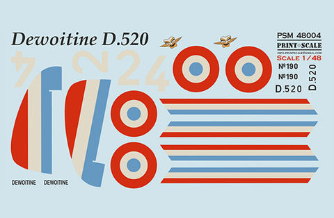 Print Scale PSM48004 1/48 Dewoitine D.520 Mask & Decals + 3D Panel PSM48004 Scale 1/48