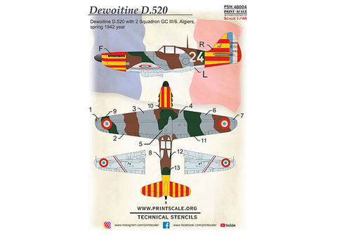 Print Scale PSM48004 1/48 Dewoitine D.520 Mask & Decals + 3D Panel PSM48004 Scale 1/48