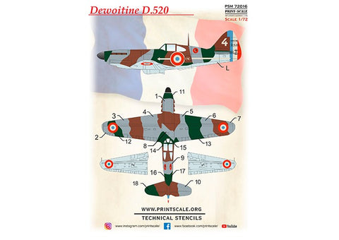 Print Scale PSM72016 1/72 Dewoitine D.520 Painting Mask & Decals PSM72016 Scale 1/72