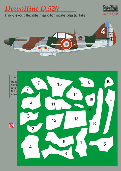 Print Scale PSM72016 1/72 Dewoitine D.520 Painting Mask & Decals PSM72016 Scale 1/72