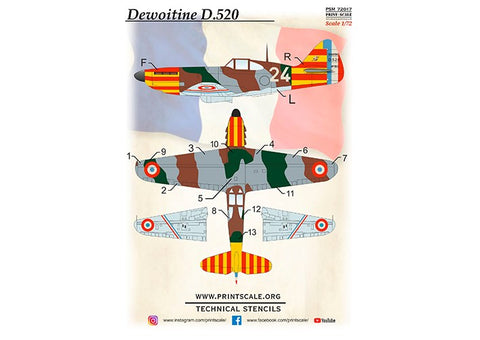 Print Scale PSM72017 1/72 Dewoitine D.520 Painting Mask + Decals PSM72017 Scale 1/72