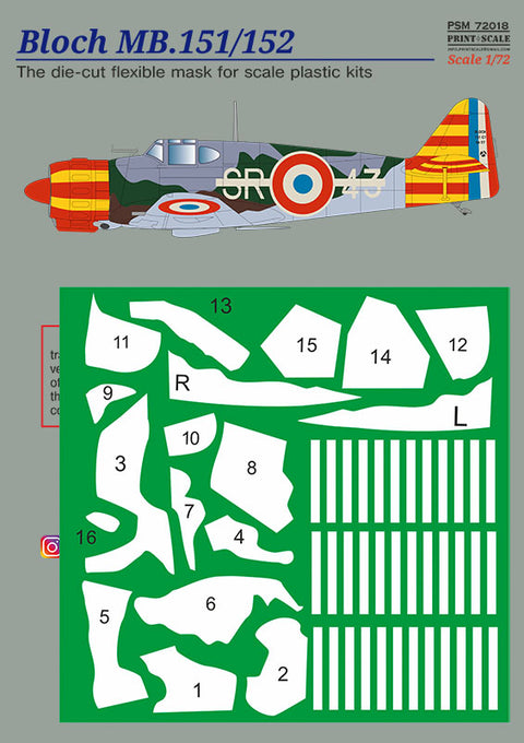 Print Scale PSM72018 1/72 Bloch MB.151/152 Camouflage Painting Mask + Decals 1/72 PSM72018