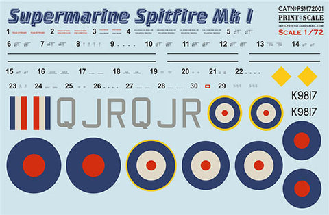 Print Scale PSM72001 1/72 Supermarine Spitfire Mk.1 Painting Mask & Decals PSM72001 Scale 1/72