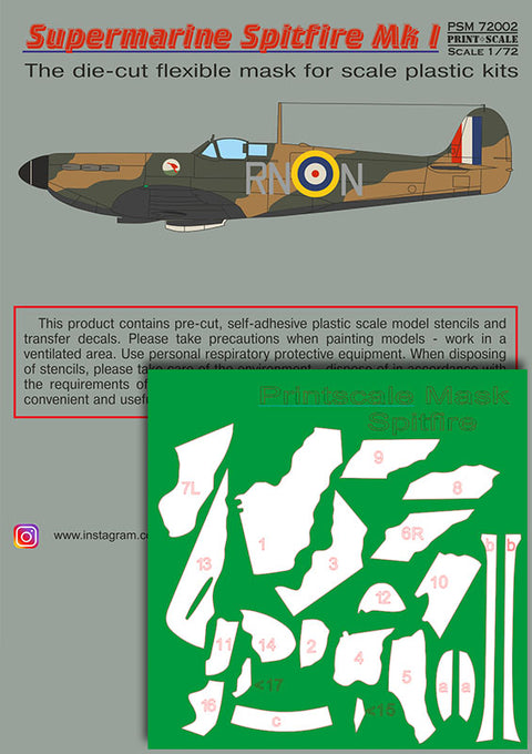 Print Scale PSM72002 1/72 Supermarine Spitfire Mk.I Camouflage Painting Mask & Decals PSM72002 Scale 1/72
