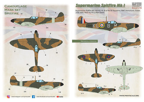 Print Scale PSM72003 1/72 Supermarine Spitfire Mk.I Camouflage Painting Mask & Decals PSM72003 Scale 1/72