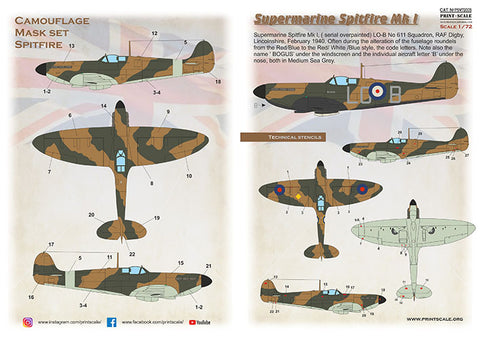 Print Scale PSM72005 1/72 Supermarine Spitfire Mk.I mask & decals PSM72005 Scale 1/72
