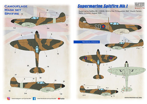 Print Scale PSM72006 1/72 Supermarine Spitfire Mk.I mask & decals PSM72006 Scale 1/72