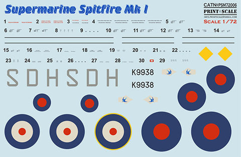 Print Scale PSM72006 1/72 Supermarine Spitfire Mk.I mask & decals PSM72006 Scale 1/72