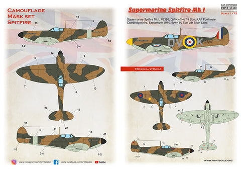 Print Scale PSM72008 1/72 Supermarine Spitfire Mk.I Painting Mask & Decals PSM72008 Scale 1/72