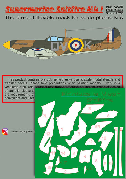 Print Scale PSM72008 1/72 Supermarine Spitfire Mk.I Painting Mask & Decals PSM72008 Scale 1/72