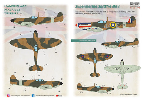 Print Scale PSM72009 1/72 Supermarine Spitfire Mk.I Painting Mask & Decals PSM72009 Scale 1/72