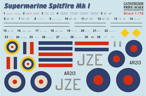 Print Scale PSM72009 1/72 Supermarine Spitfire Mk.I Painting Mask & Decals PSM72009 Scale 1/72