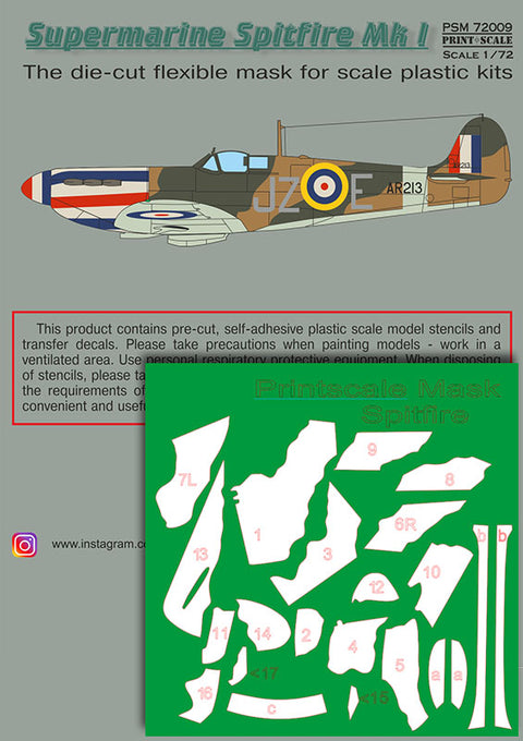 Print Scale PSM72009 1/72 Supermarine Spitfire Mk.I Painting Mask & Decals PSM72009 Scale 1/72