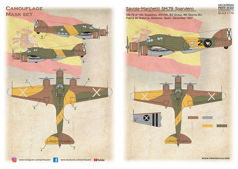 Print Scale PSM72010 1/72 Savoia-Marchetti SM.79 Painting Mask & Decals PSM72010 Scale 1/72