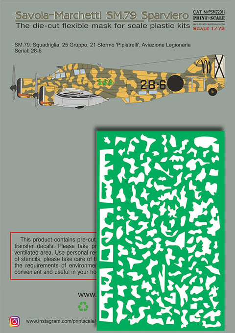 Print Scale PSM72011 1/72 Savoia-Marchetti SM.79 Painting Mask & Decals PSM72011 Scale 1/72