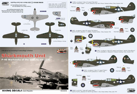 Rising Decals 48-036 1/48 Sharkmouth Unit Camouflage schemes and decals for P-40s of the 51FG over CBI (decals for 5 a/c)