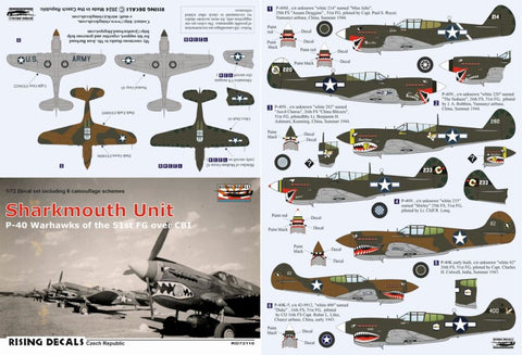 Rising Decals 72-110 1/72 Sharkmouth Unit Camouflage schemes and decals for P-40s of the 51FG over CBI (decals for 6 a/c)