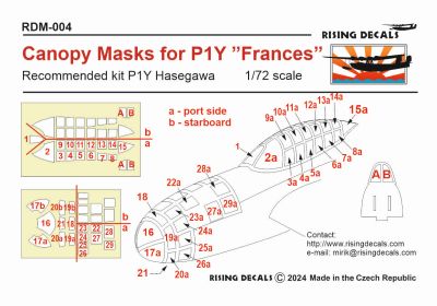 Rising Decals RDM-004 1/72 Canopy mask for P1Y "Frances" (For Hasegawa kit)