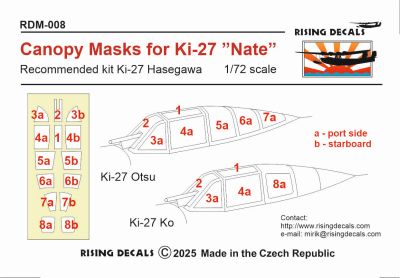 Rising Decals RDM-008 1/72 Canopy mask for Ki-27a/b "Nate" (For Hasegawa)