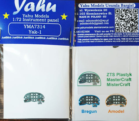 Yahu Models YMA7314 1/72 Yak-1 Instrument Panel (for Bren Gun / A-Model / ZTS plastic kits)