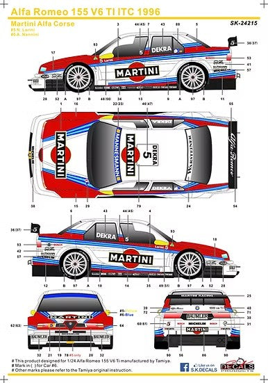 SK Decals SK24215 1/24 Alfa Romeo 155 V6 Ti ITC 1996 Martini Alfa Corse (for Tamiya)