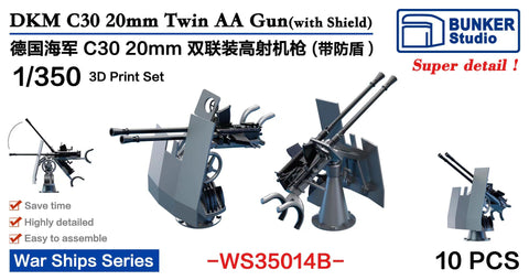 Bunker Studio WS35014B 1/350 DKM 20mm Flak C 30 Twin AA guns with Shield