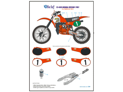 Blue Stuff BS 12-038 1/12 HONDA CR250R 1981 - 1/12 Decals TAMIYA 14011