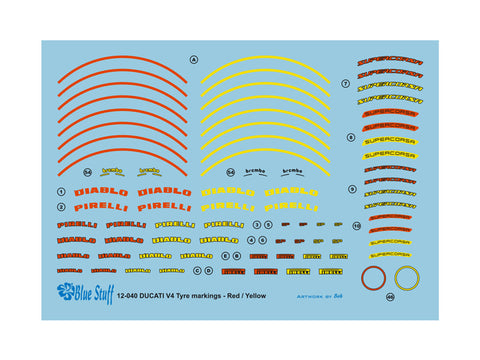 Blue Stuff BS 12-040 1/12 DUCATI V4 Tyre markings Red/Yellow - 1/12 Decal TAMIYA 14140