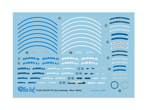 Blue Stuff BS 12-041 1/12 DUCATI V4 Tyre markings Blue/White - 1/12 Decal TAMIYA 14140
