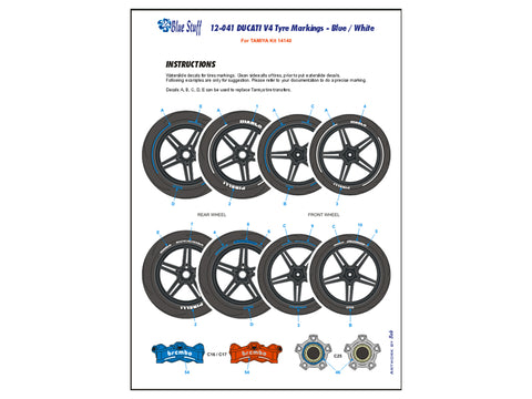 Blue Stuff BS 12-041 1/12 DUCATI V4 Tyre markings Blue/White - 1/12 Decal TAMIYA 14140