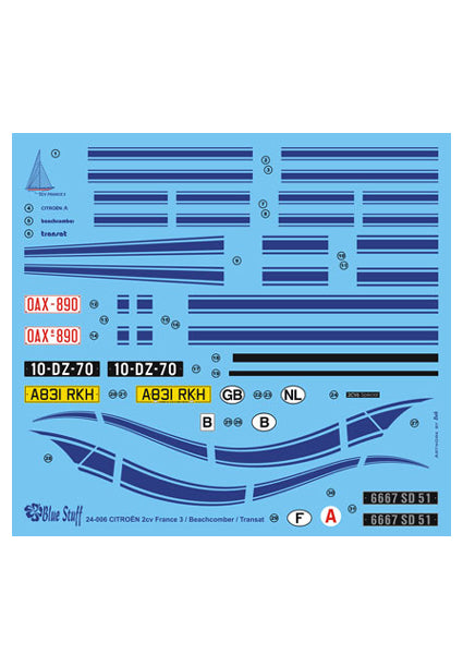 Blue Stuff BS 24-006 1/24 CITROËN 2cv FRANCE 3 / Transat / Beachcomber 1984 - 1/24 Decals > Tamiya / Revell Tamiya 24164/89654 and Revell 7095