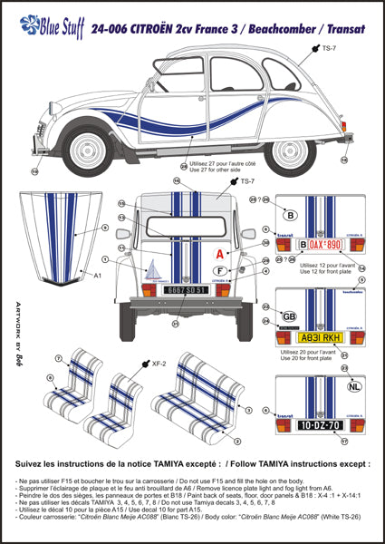 Blue Stuff BS 24-006 1/24 CITROËN 2cv FRANCE 3 / Transat / Beachcomber 1984 - 1/24 Decals > Tamiya / Revell Tamiya 24164/89654 and Revell 7095