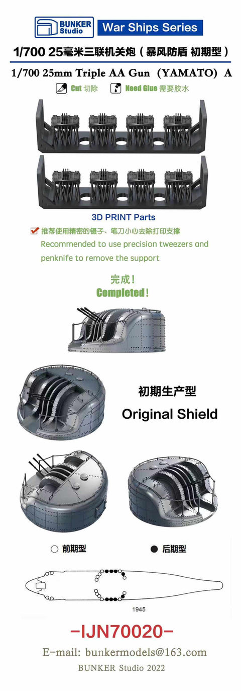 Bunker Studio IJN70020 1/700 YAMATO Type96 25mm Triple AA Guns A (Original Shield)