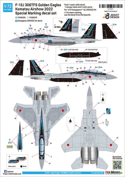 DEF Model JD72007 1/72 F-15J 306TFS Komatsu Airshow 2022 - Maverick special decal set (for 1/72 Hasegawa kit)