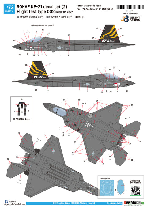 DEF Model JD72010 1/72 ROKAF KF-21 Decal set 2 - Flight Test No.002 Sacheon2023 (for Academy 1/72)