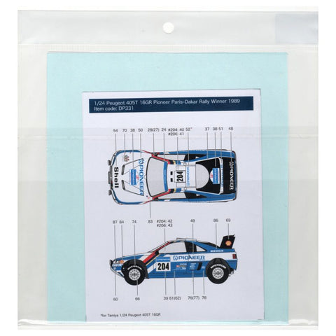 Decal Pool DP331 1/24 Peugeot 405T 16GR Pioneer Paris-Dakar Rally Winner 1989