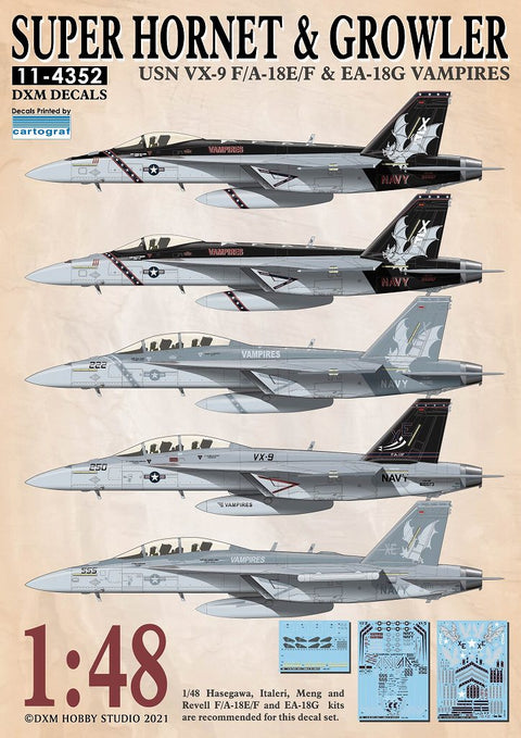 DXM 11-4352 1/48 US Navy F/A-18E/F & EA-18G VX-9 Vampires – Cartograf Decals (For Hasegawa, Meng Model, Italeri, and Revell)